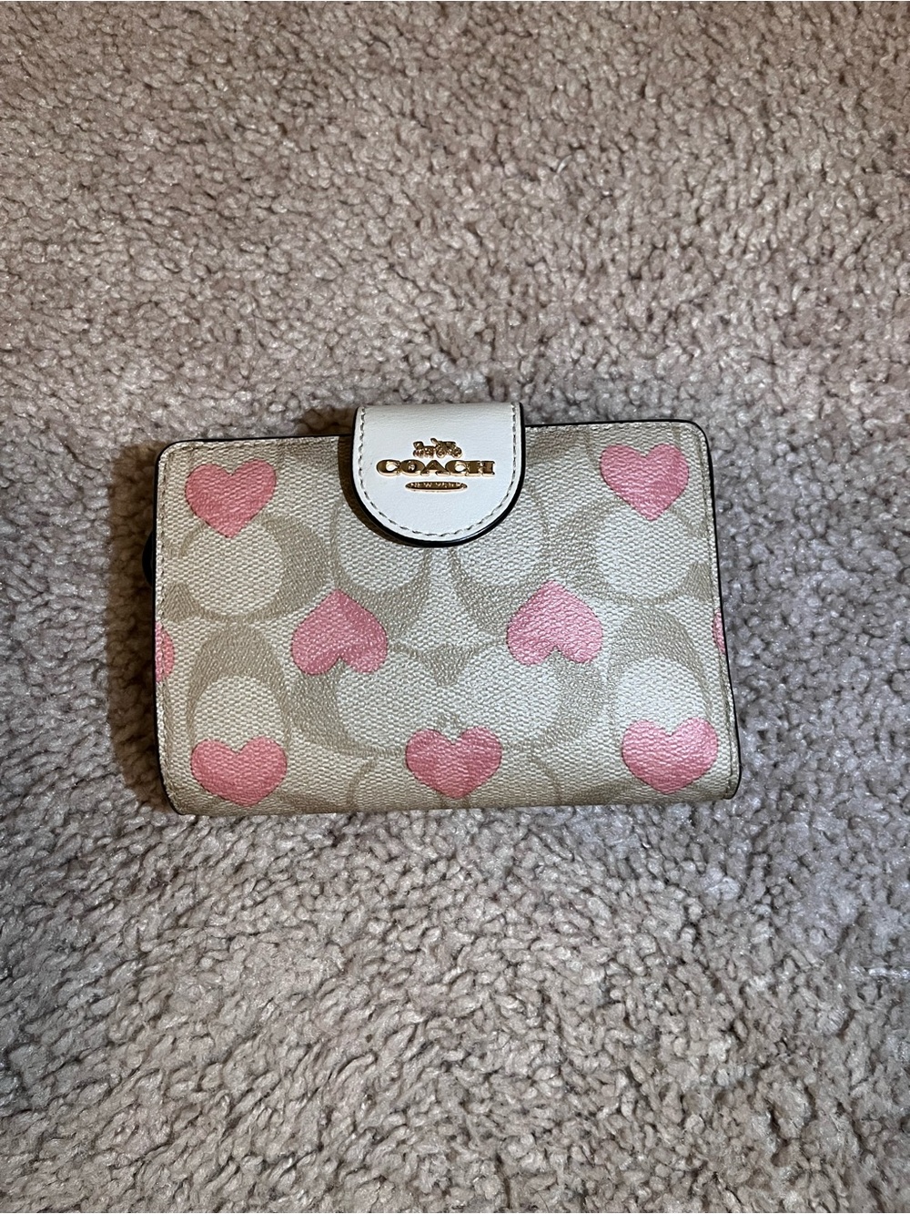 Coach Beige Signature Canvas Wallet with Pink Heart Motif